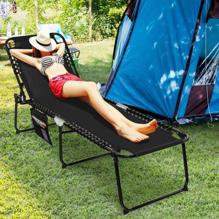 Folding Sun Lounger, Adjustable Backrest, Headrest, Side Pocket, Black