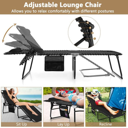 Folding Sun Lounger, Adjustable Backrest, Headrest, Side Pocket, Black