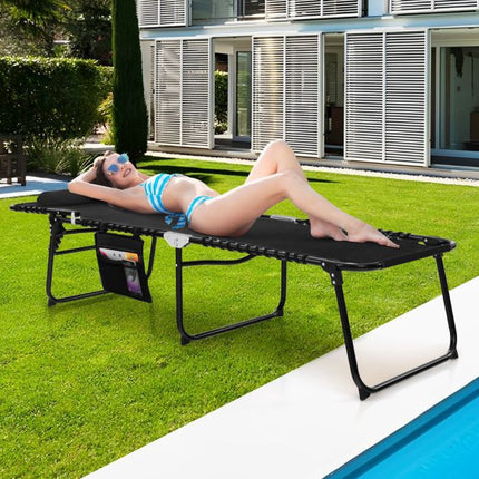 Folding Sun Lounger, Adjustable Backrest, Headrest, Side Pocket, Black