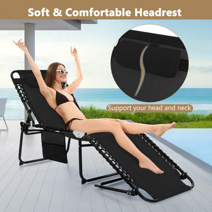 Folding Sun Lounger, Adjustable Backrest, Headrest, Side Pocket, Black