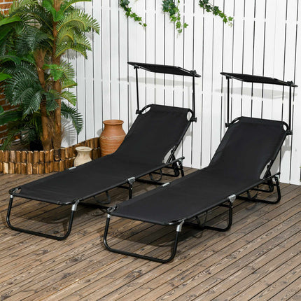 Folding Sun Lounger Set with Canopy, Adjustable Backrest