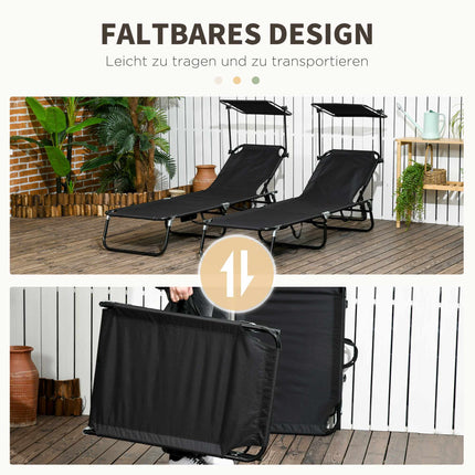 Folding Sun Lounger Set with Canopy, Adjustable Backrest