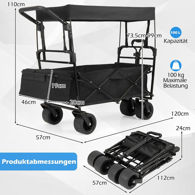 Faltbarer Bollerwagen mit abnehmbarem Verdeck, verstellbaren Griffen, Schwarz