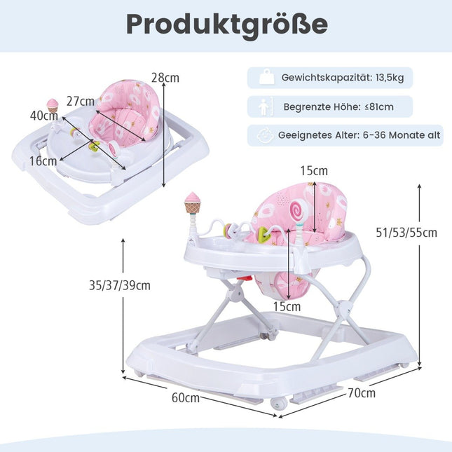 Klappbarer Lauflernwagen mit Rädern, 3-stufig, höhenverstellbar &amp; abnehmbares weiches Sitzkissen, rosa