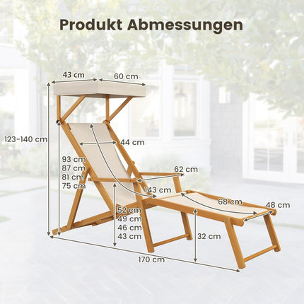 Chaise longue de plage pliante avec auvent inclinable et dossier et repose-pieds réglables