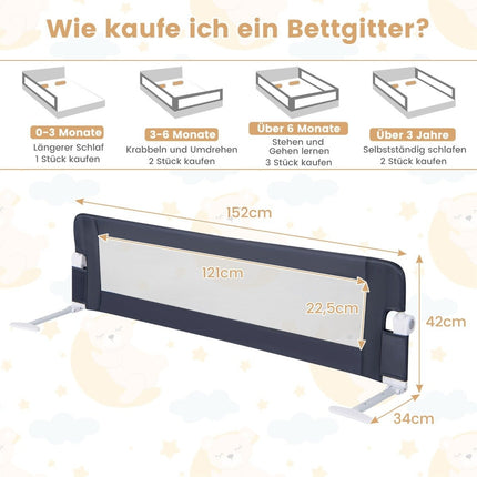 Klappbares Bettgitter mit verstellbaren &amp; Ein-Klick-Faltgurten Bettschutzgitter 150 x 42cm Grau