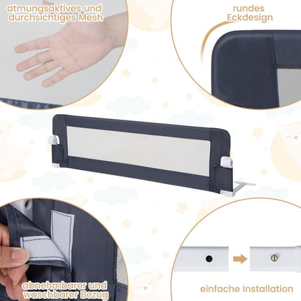 Klappbares Bettgitter mit verstellbaren &amp; Ein-Klick-Faltgurten Bettschutzgitter 150 x 42cm Grau
