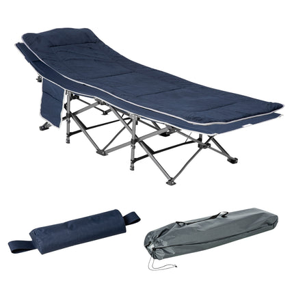 Campingbed, opklapbaar kampeerbed, opklapbed met kussen, zijvak, matras, logeerbed, belastbaar tot 150 kg, reizen, buiten, Oxford, donkerblauw, 188 x 64,5 x 53 cm