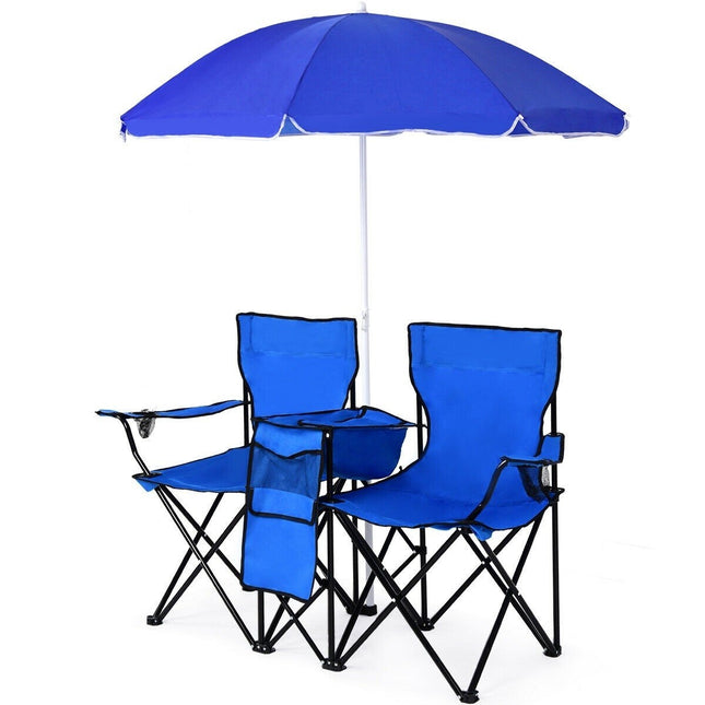 Klappbarer Campingstuhl mit Sonnenschirm für 2 Personen, Klappstuhl für Paare, Doppel-Angelstuhl, faltbar mit Getränkehalter, Kühltasche, Blau