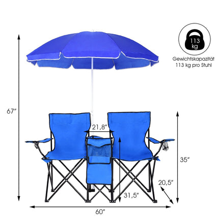 Klappbarer Campingstuhl mit Sonnenschirm für 2 Personen, Klappstuhl für Paare, Doppel-Angelstuhl, faltbar mit Getränkehalter, Kühltasche, Blau