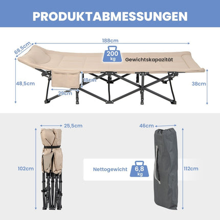 Klappbare Campingliege mit Seitentasche, Feldbett, belastbar bis 200 kg, Gästebett, Khaki
