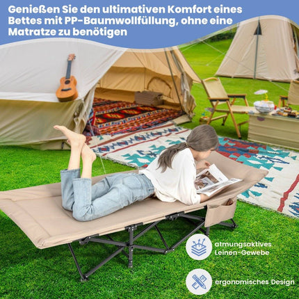 Klappbare Campingliege mit Seitentasche, Feldbett, belastbar bis 200 kg, Gästebett, Khaki