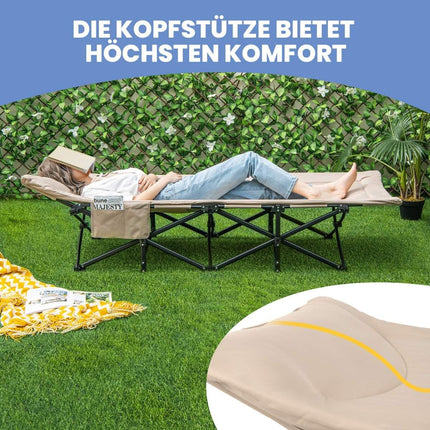 Klappbare Campingliege mit Seitentasche, Feldbett, belastbar bis 200 kg, Gästebett, Khaki