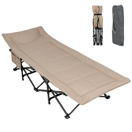 Klappbare Campingliege mit Seitentasche, Feldbett, belastbar bis 200 kg, Gästebett, Khaki