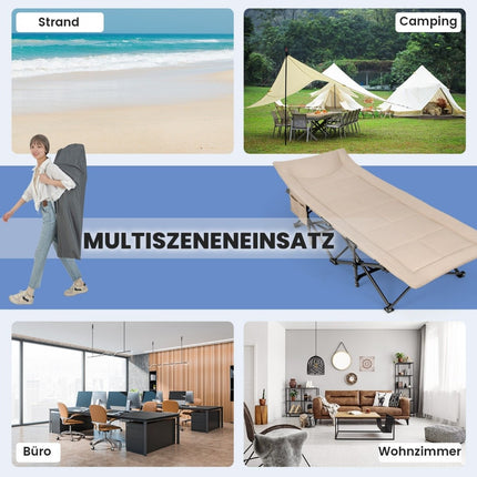 Klappbare Campingliege mit Seitentasche, Feldbett, belastbar bis 200 kg, Gästebett, Khaki