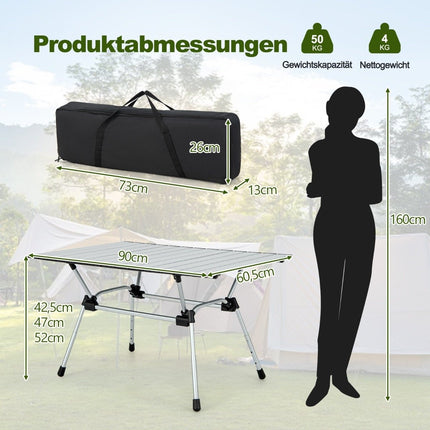 Klappbarer Campingtisch mit Tragetasche, 4-stufig höhenverstellbar 90 x 60,5 x 52 cm silber