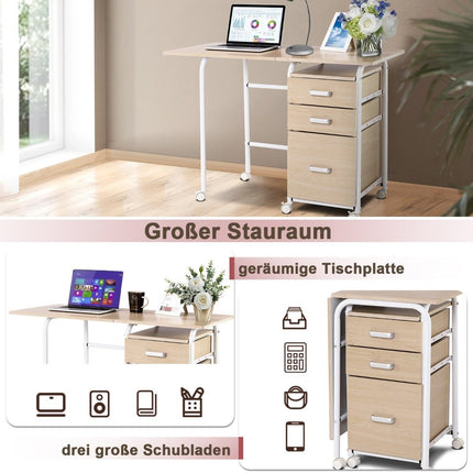 Klappbarer Computertisch mit 3 Schubladen Schreibtisch 105 x 50 x 75 cm natur