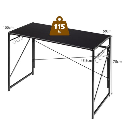Skládací počítačový stůl, pracovní stůl s kovovým rámem, stolek na notebook, nosnost až 115 kg, 100 x 50 x 75 cm, černá
