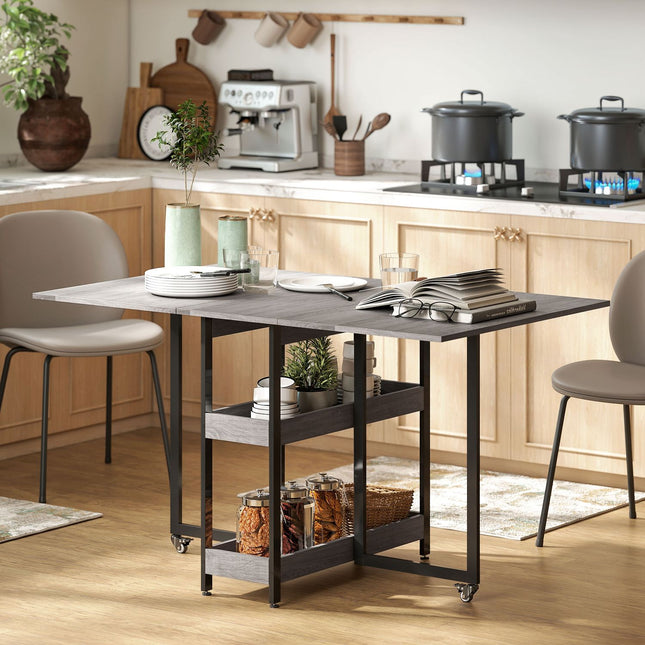 Opklapbare eettafel in industrieel design, voor maximaal 4 personen, open planken, flexibel, metaal, spaanplaat, grijs
