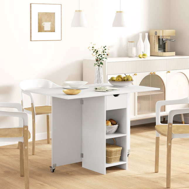 Opklapbare eettafel, mobiele keukentafel voor 2-4 personen met open planken, 1 lade, klaptafel voor kleine kamers, eetkamer 114,5 x 70 x 75 cm, wit
