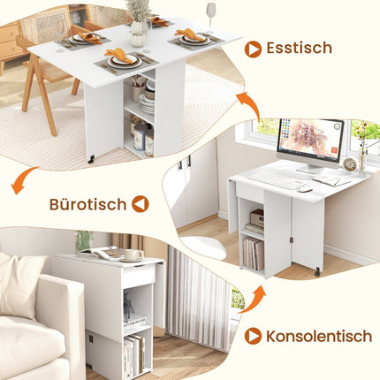 Esstisch klappbar mit 2 Rollen, mobiler Klapptisch, Esszimmertisch mit 2-stufiger Ablagefläche und Schublade, weiß