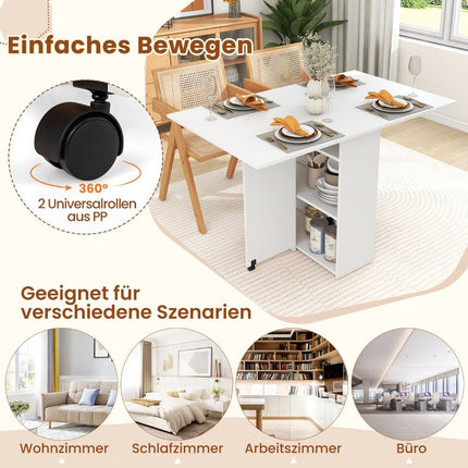 Esstisch klappbar mit 2 Rollen, mobiler Klapptisch, Esszimmertisch mit 2-stufiger Ablagefläche und Schublade, weiß