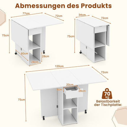 Esstisch klappbar mit 2 Rollen, mobiler Klapptisch, Esszimmertisch mit 2-stufiger Ablagefläche und Schublade, weiß