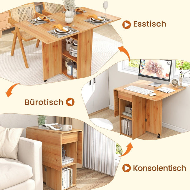 Esstisch klappbar mit 2 Rollen, mobiler Klapptisch, Esszimmertisch mit 2-stufiger Ablagefläche und Schublade, Holz