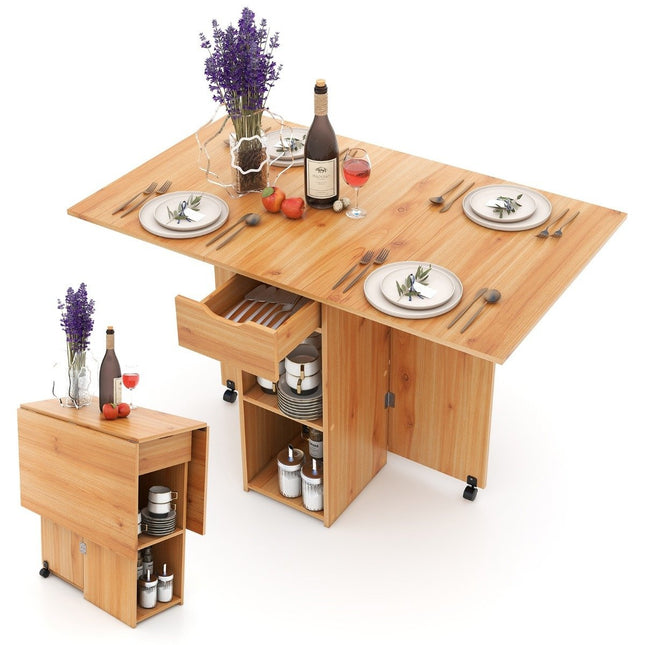 Esstisch klappbar mit 2 Rollen, mobiler Klapptisch, Esszimmertisch mit 2-stufiger Ablagefläche und Schublade, Holz