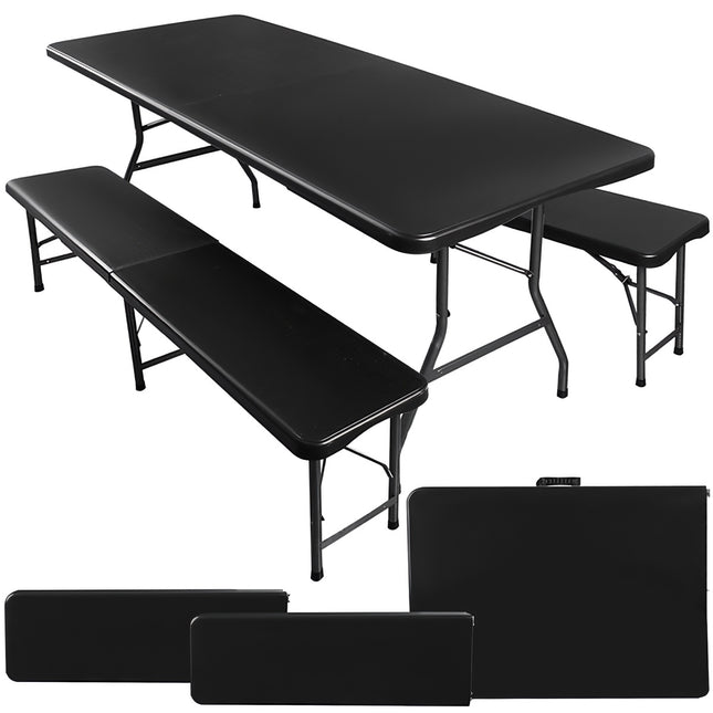 Klappbarer Gartentisch 180cm + 2 Bänke - schwarz