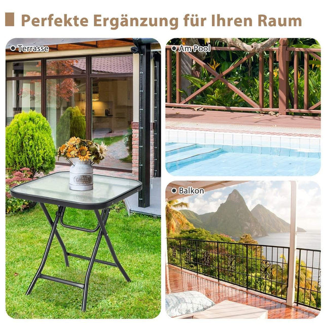 Klappbarer Terrassen-Beistelltisch, quadratischer Glastisch mit Edelstahlrahmen, schwarz