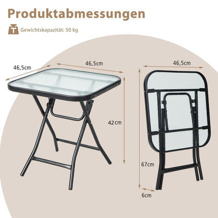 Klappbarer Terrassen-Beistelltisch, quadratischer Glastisch mit Edelstahlrahmen, schwarz