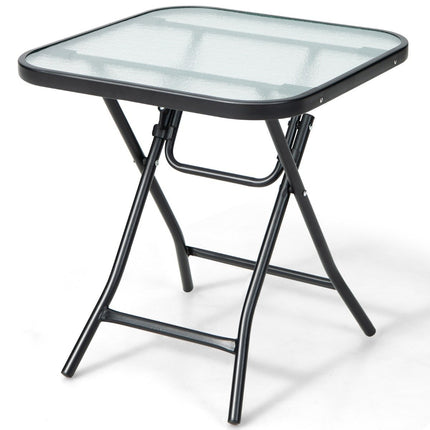 Klappbarer Terrassen-Beistelltisch, quadratischer Glastisch mit Edelstahlrahmen, schwarz