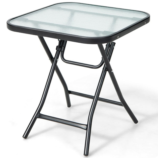 Klappbarer Terrassen-Beistelltisch, quadratischer Glastisch mit Edelstahlrahmen, schwarz