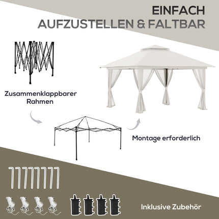 Vouwpaviljoen 4x4 m met 4 vitrages, in hoogte verstelbaar, UV-bescherming, dubbel dak, draagtas, crèmewit voor tuin & evenementen