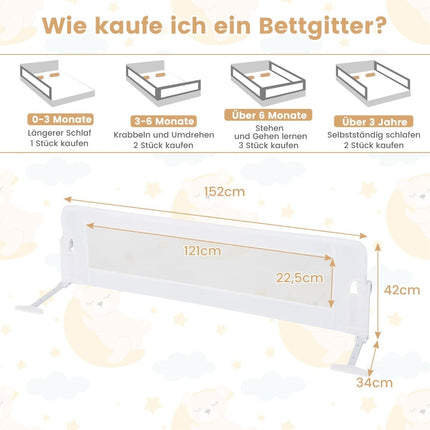 Klappbares Schutzgitter für Kinderbetten mit verstellbaren Gurten 150x40,5x42 cm weiß