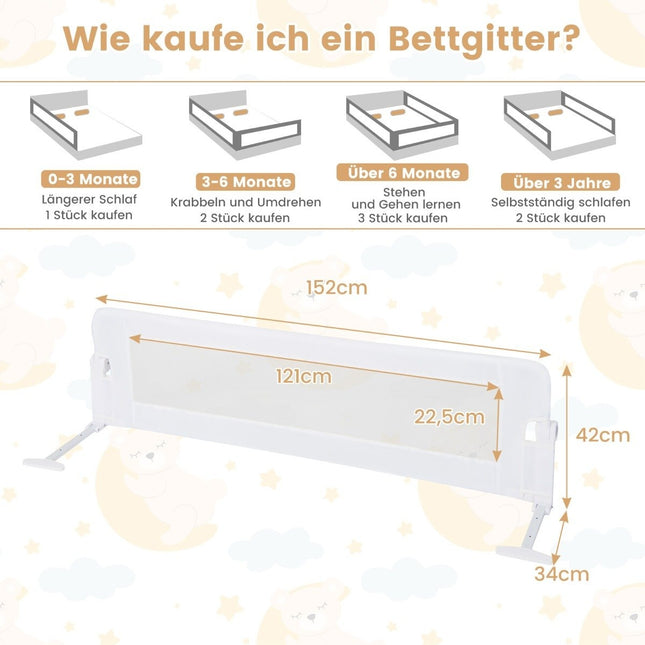 Klappbares Schutzgitter für Kinderbetten mit verstellbaren Gurten 150x40,5x42 cm weiß