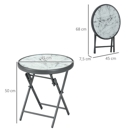 Opklapbare bijzettafel, klaptafel van glas met marmerlook, kleine campingtafel, ronde banktafel, balkontafel voor balkon, terras, woonkamer, kantoor, 45 x 45 x 50 cm, wit