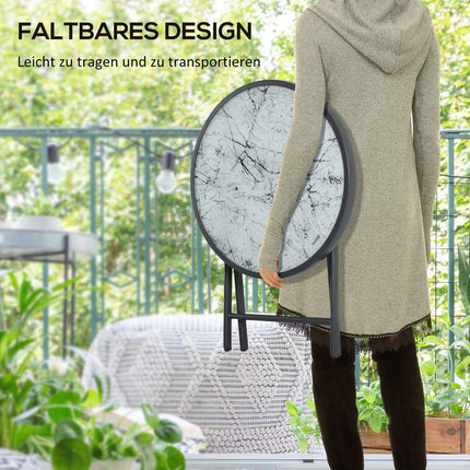 Opklapbare bijzettafel, klaptafel van glas met marmerlook, kleine campingtafel, ronde banktafel, balkontafel voor balkon, terras, woonkamer, kantoor, 45 x 45 x 50 cm, wit