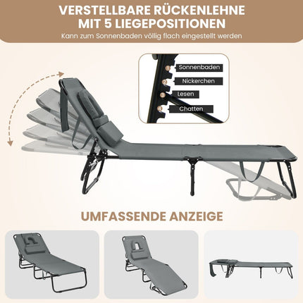 Klappbare Sonnenliege mit Gesichtsöffnung &amp; 3 Kissen &amp; 5-fach verstellbarer Rückenlehne grau