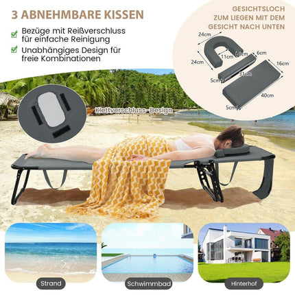 Klappbare Sonnenliege mit Gesichtsöffnung &amp; 3 Kissen &amp; 5-fach verstellbarer Rückenlehne grau