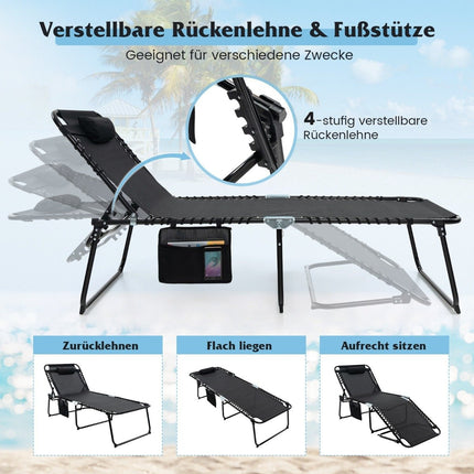 Klappbare Sonnenliege mit Kopfstütze &amp; Seitentasche &amp; Verstellbarer Rückenlehne Gartenliege schwarz