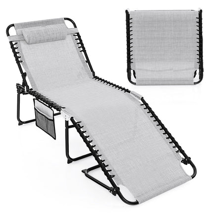 Chaise longue pliante avec appui-tête, poche latérale et dossier réglable, chaise longue de jardin grise