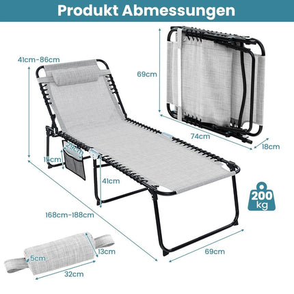 Chaise longue pliante avec appui-tête, poche latérale et dossier réglable, chaise longue de jardin grise