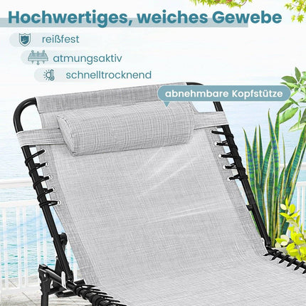 Chaise longue pliante avec appui-tête, poche latérale et dossier réglable, chaise longue de jardin grise