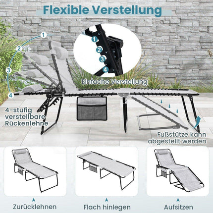 Chaise longue pliante avec appui-tête, poche latérale et dossier réglable, chaise longue de jardin grise