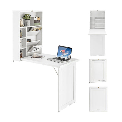 Folding table, wall-mountable desk with 3-tier tilting divider, white