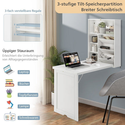 Folding table, wall-mountable desk with 3-tier tilting divider, white