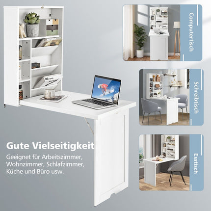 Folding table, wall-mountable desk with 3-tier tilting divider, white
