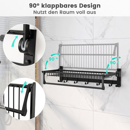 Folding towel holder with adjustable towel rail and movable hook towel rack